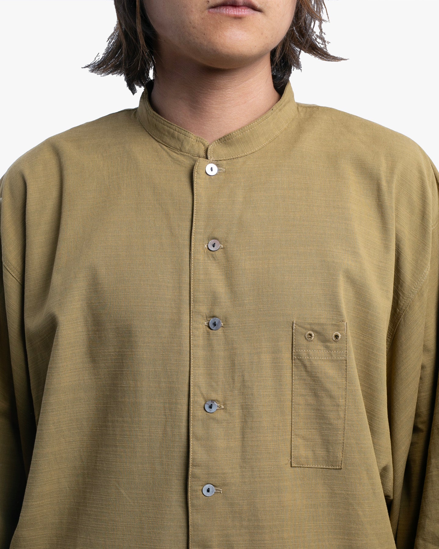 Wa-Modern, Long Sleeve Button Up Tunic, Embroidered, Khaki - Image 3