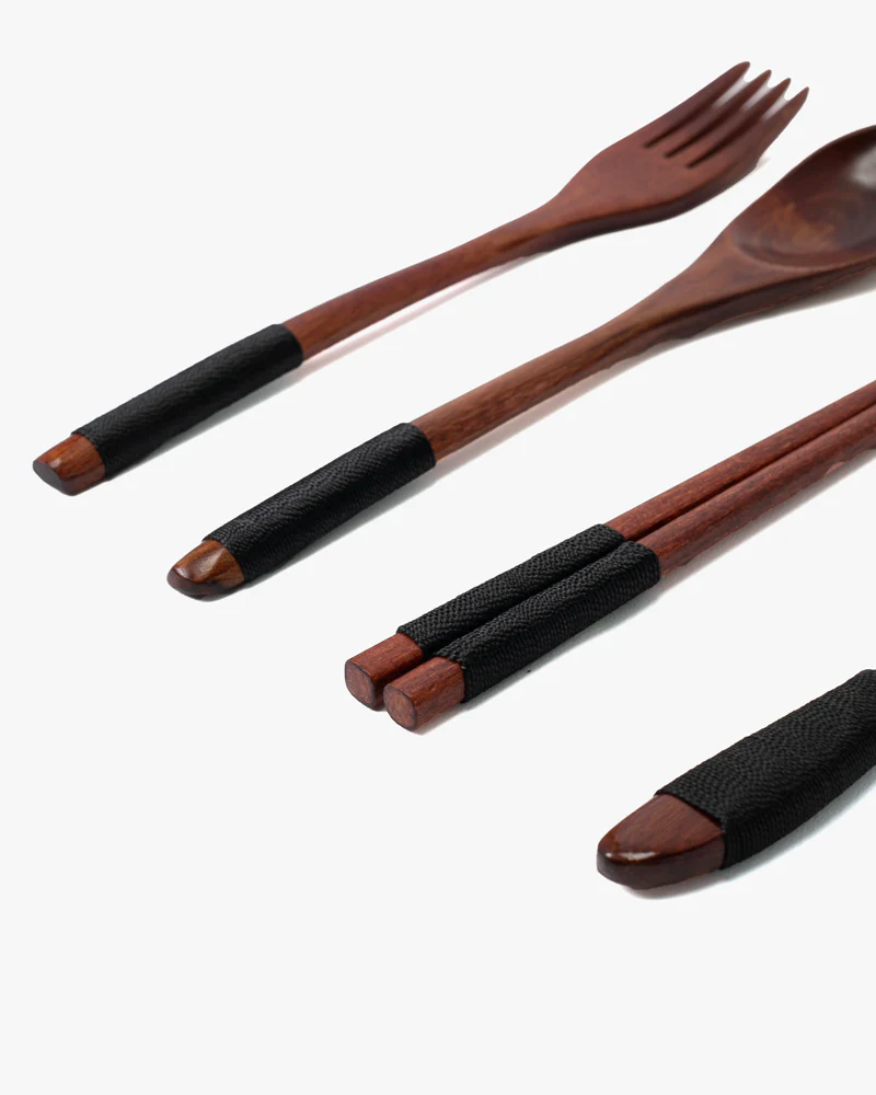 Wooden Utensils, Chopsticks, Spoon, Fork and Knife Set of 4 With Black Accents, With Case - Image 3