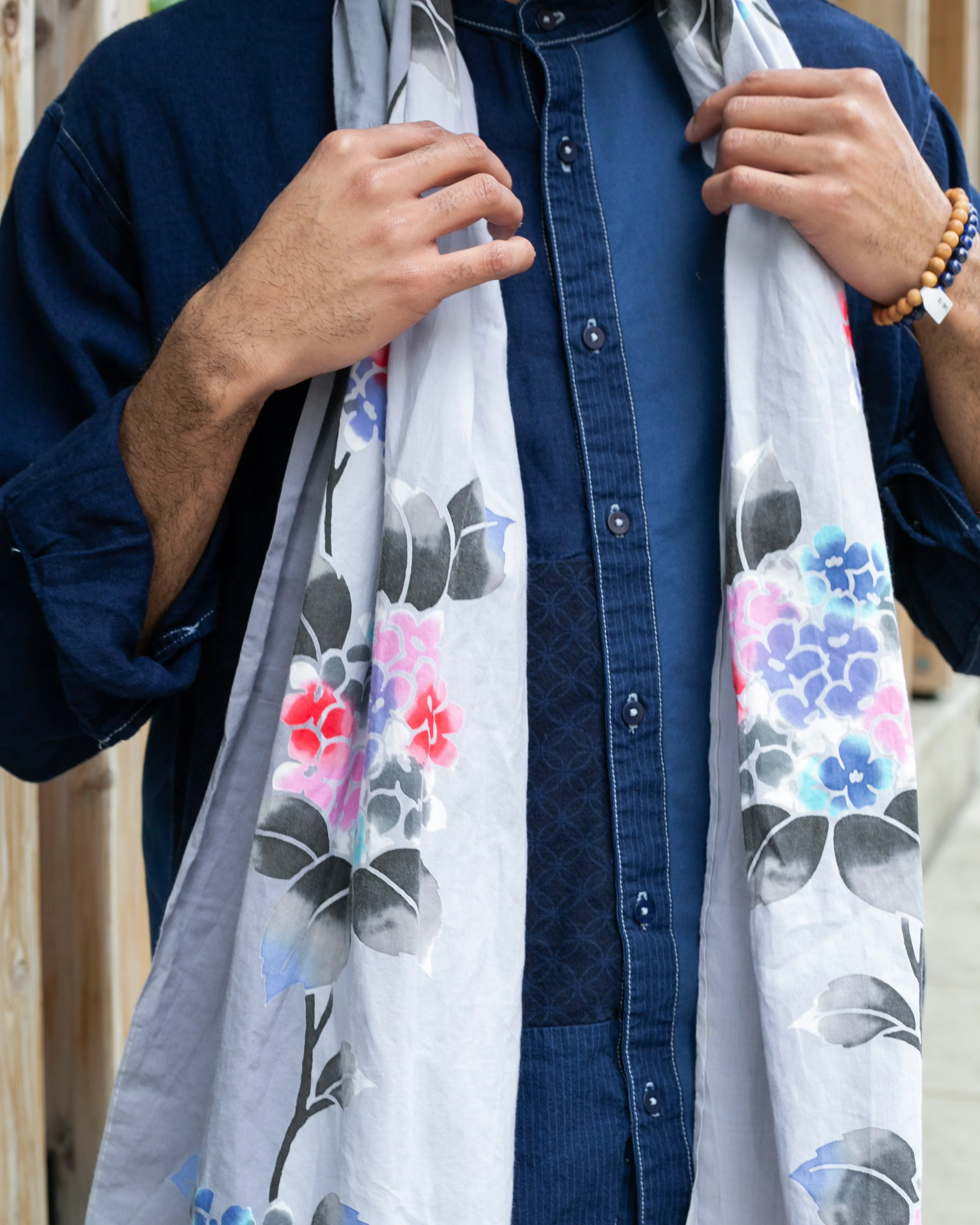 Yukata Scarf, Gray With Flowers - Image 2